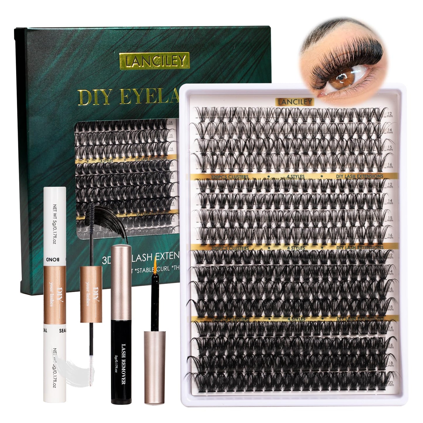 Lanciley Cluster Lashes 320PCS Volume Individual Eyelashes 30D+40D+80D+100D Lash Extension Kit 12-20MM Natural Lash Clusters DIY Eyelash Extension Kit with Lash Bond and Seal Lash Tweezers-30+40+80+100D