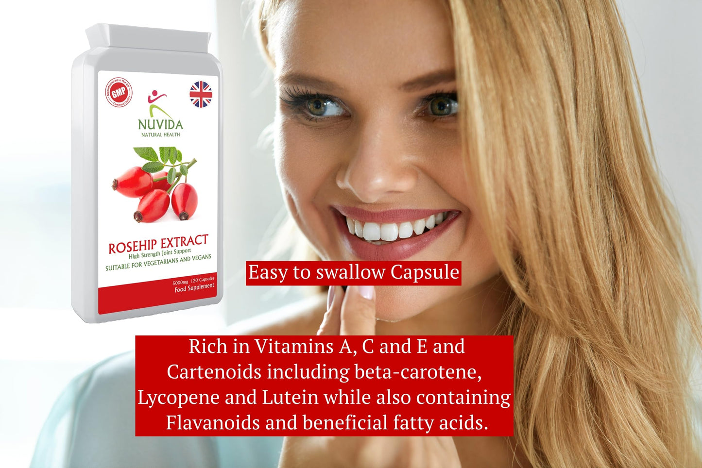 NUVIDA NATURAL HEALTH Rosehip Capsules - High Strength Rosehip Supplement with Vitamin C to Support Joint Health, Bones, Cartilage and Collagen Formation - 120 Vegan Rosehip Capsules. Up to 4 Months Supply.