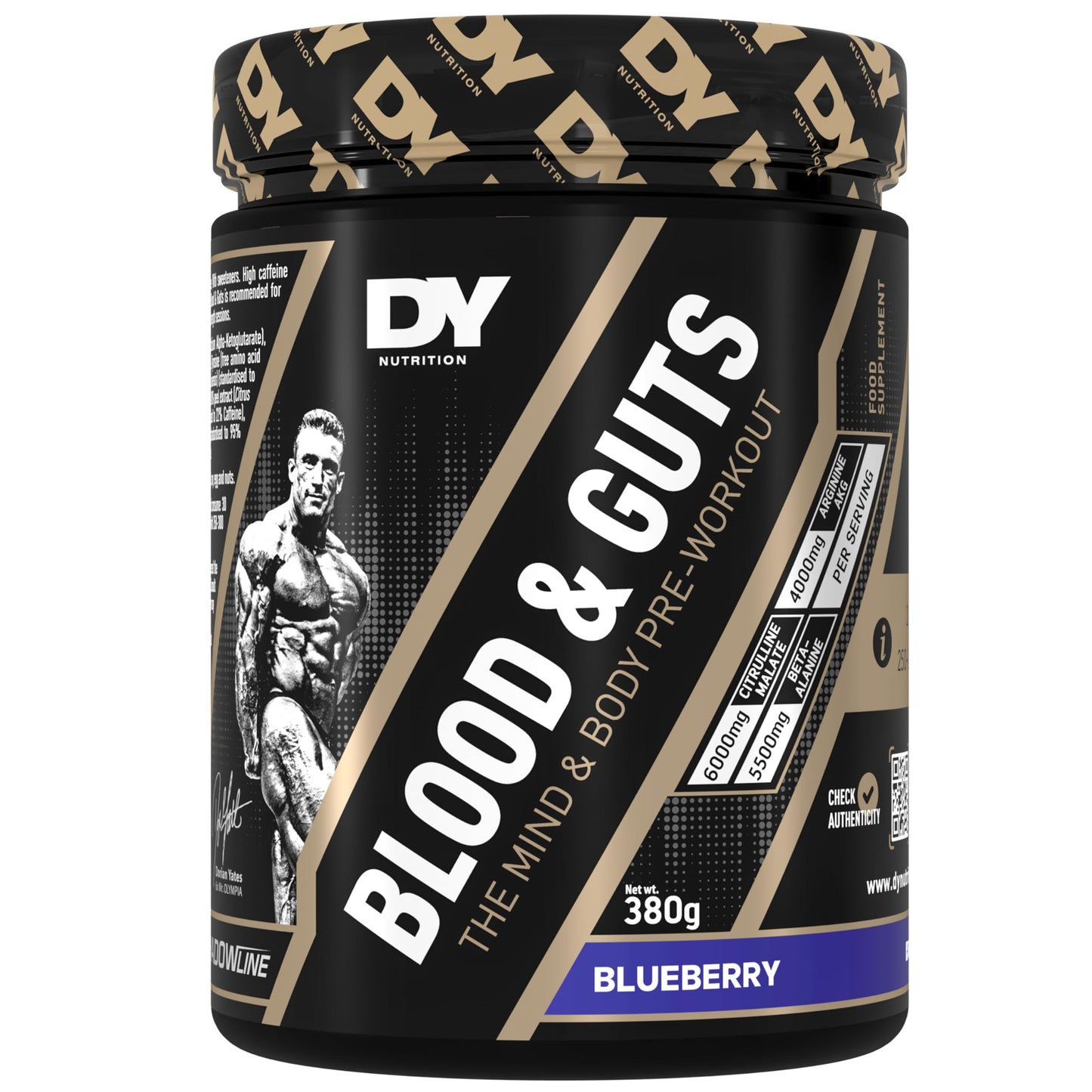 DY Nutrition - Blood & Guts Pre Workout Powder, 380g (Blueberry) - High Strength Preworkout with 350mg Caffeine, Citrulline Malate, Beta Alanine, Arginine AKG, L-Tyrosine, Vitamin B3 for Men & Women