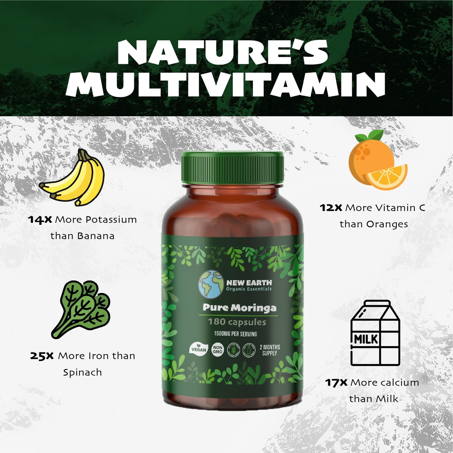 New Earth Organic Essentials Pure Moringa Capsules - Pure Moringa Oleifera Leaf Powder -180 Vegan Capsules