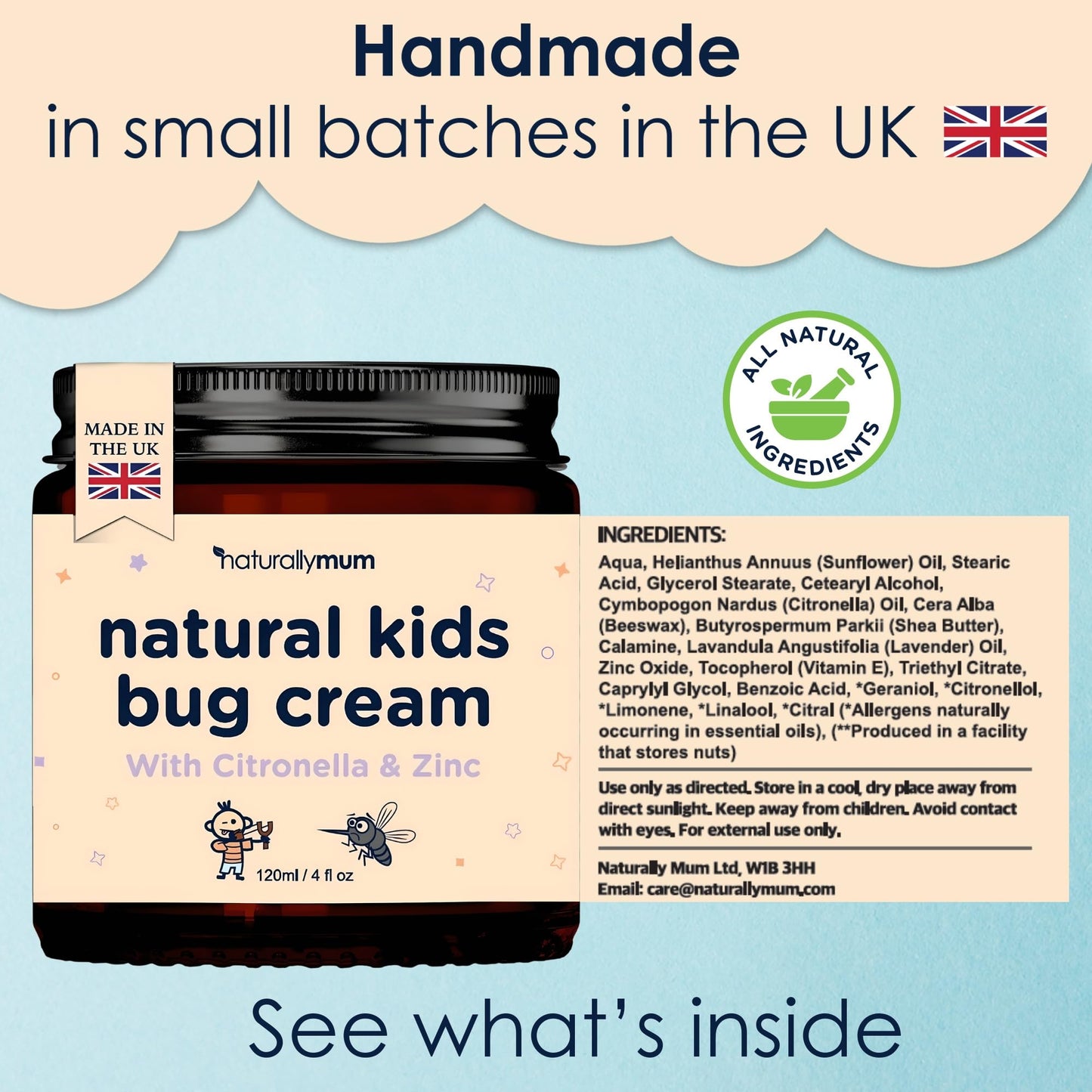 NaturallyMum NATURALLY MUM – Bug Cream for Kids & Babies [NATURAL & SAFE] – Skin Soothing Cream with Zinc - For Outdoors – Made in UK