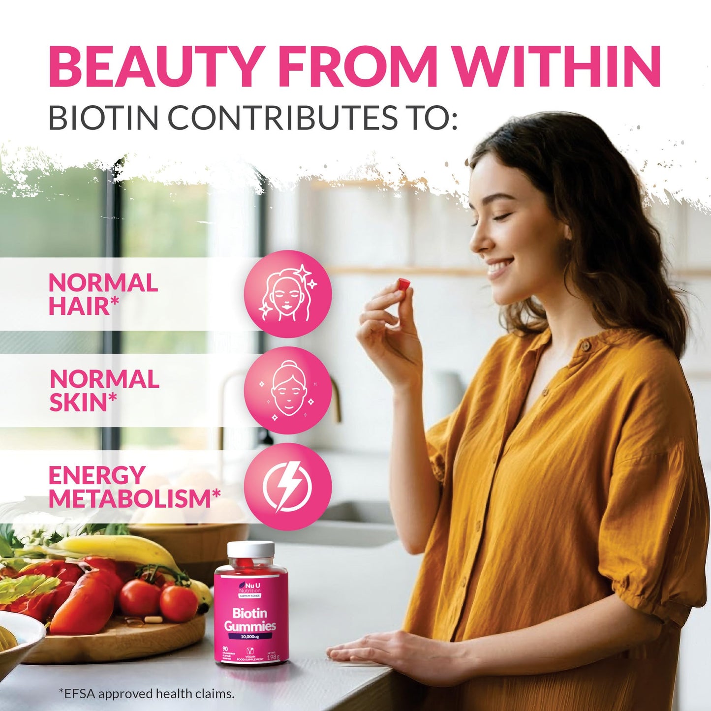 Biotin Hair Gummies 10,000mcg - 90 Vegan Gummies - Delicious Strawberry Flavour - Chewable Vitamin B7 Hair Vitamins - Gelatine Free - Made in the UK - Nu U Nutrition