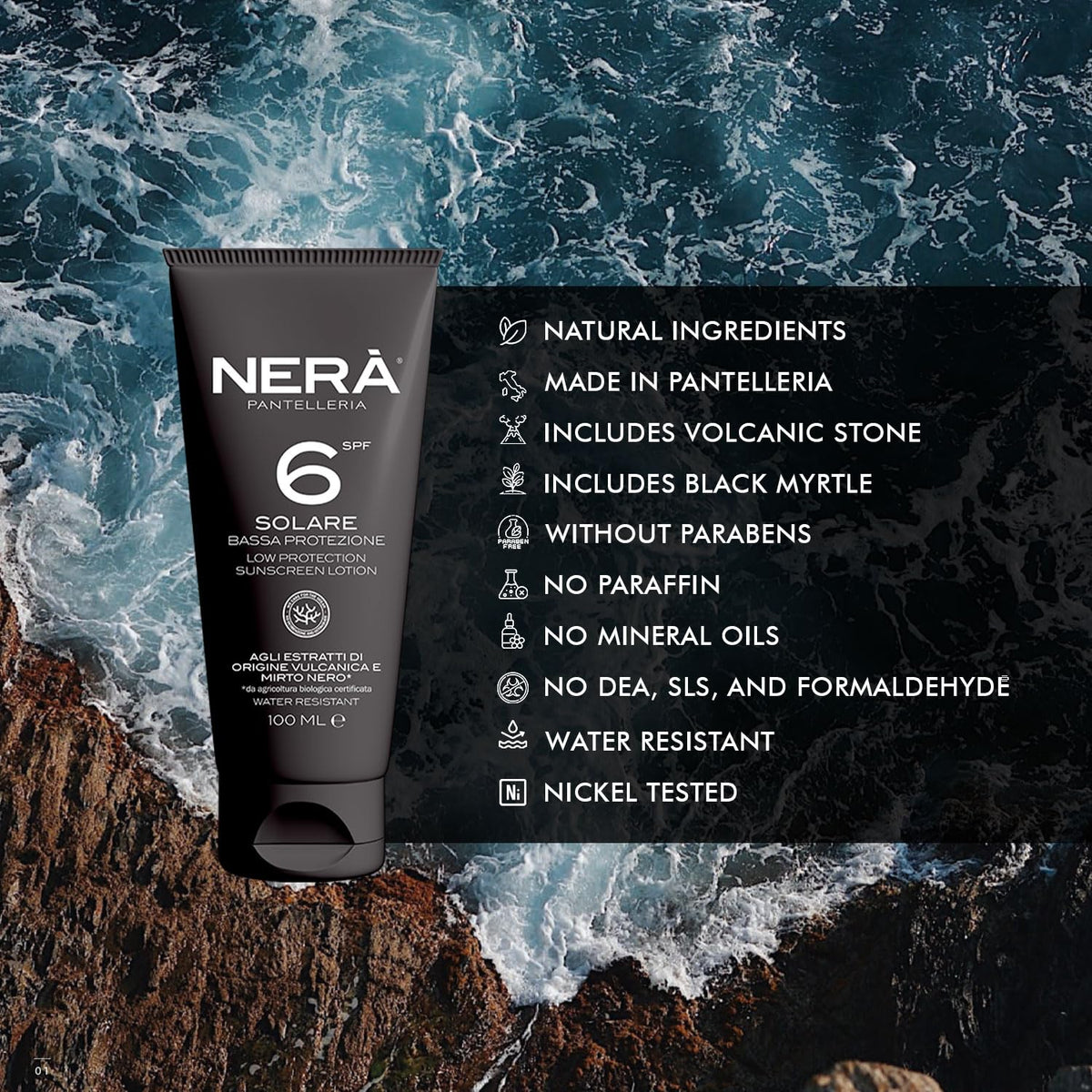 Nera Pantelleria NERA Pantelleria SPF 6 Water Resistant Sunscreen lotion: Low Protection 100ML Lotion with UVA & UVB Filters for Dehydration and Aging Prevention, Men and Women