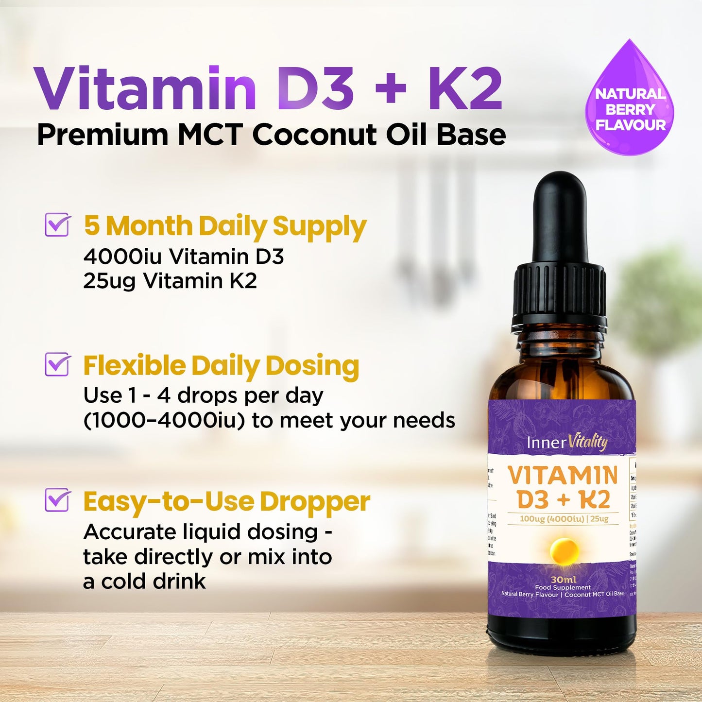 Vitamin D3 K2 Drops 4000iu + MCT Oil Liquid Absorption, Natural Berry Flavour 5 Month Supply - High Strengh Supplement by Inner Vitality
