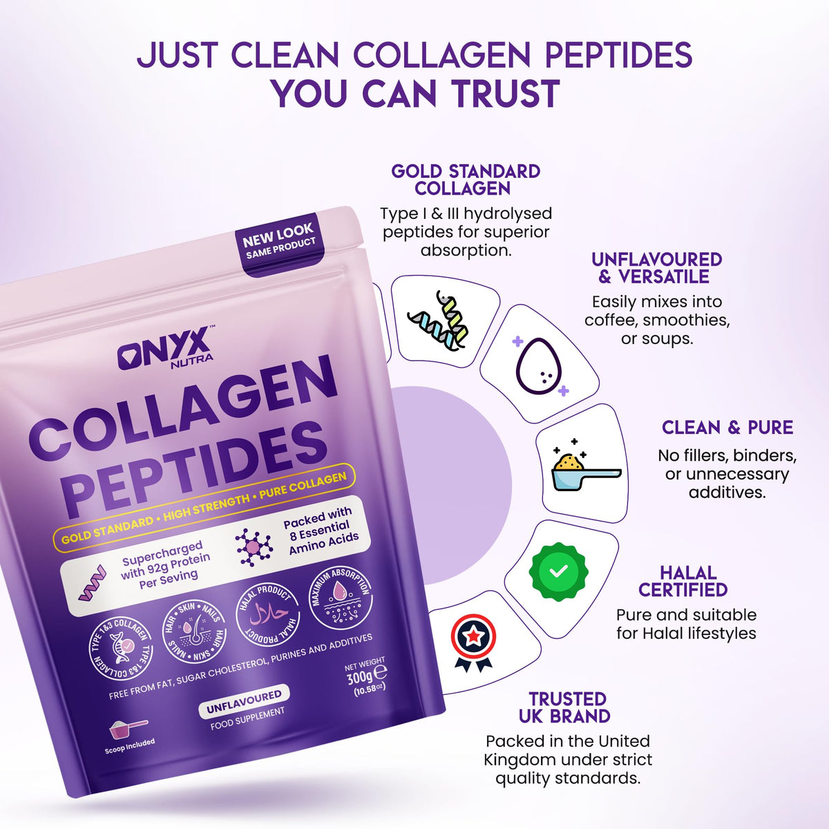 ONYX INGREDIENTS 101 Premium Collagen Powder (Type I, III) Hydrolysed Bovine Collagen Peptides Powder - Halal Certified - 19 Amino Acids - High Levels of All 8 Essential Amino Acids & BCAAs - 150g