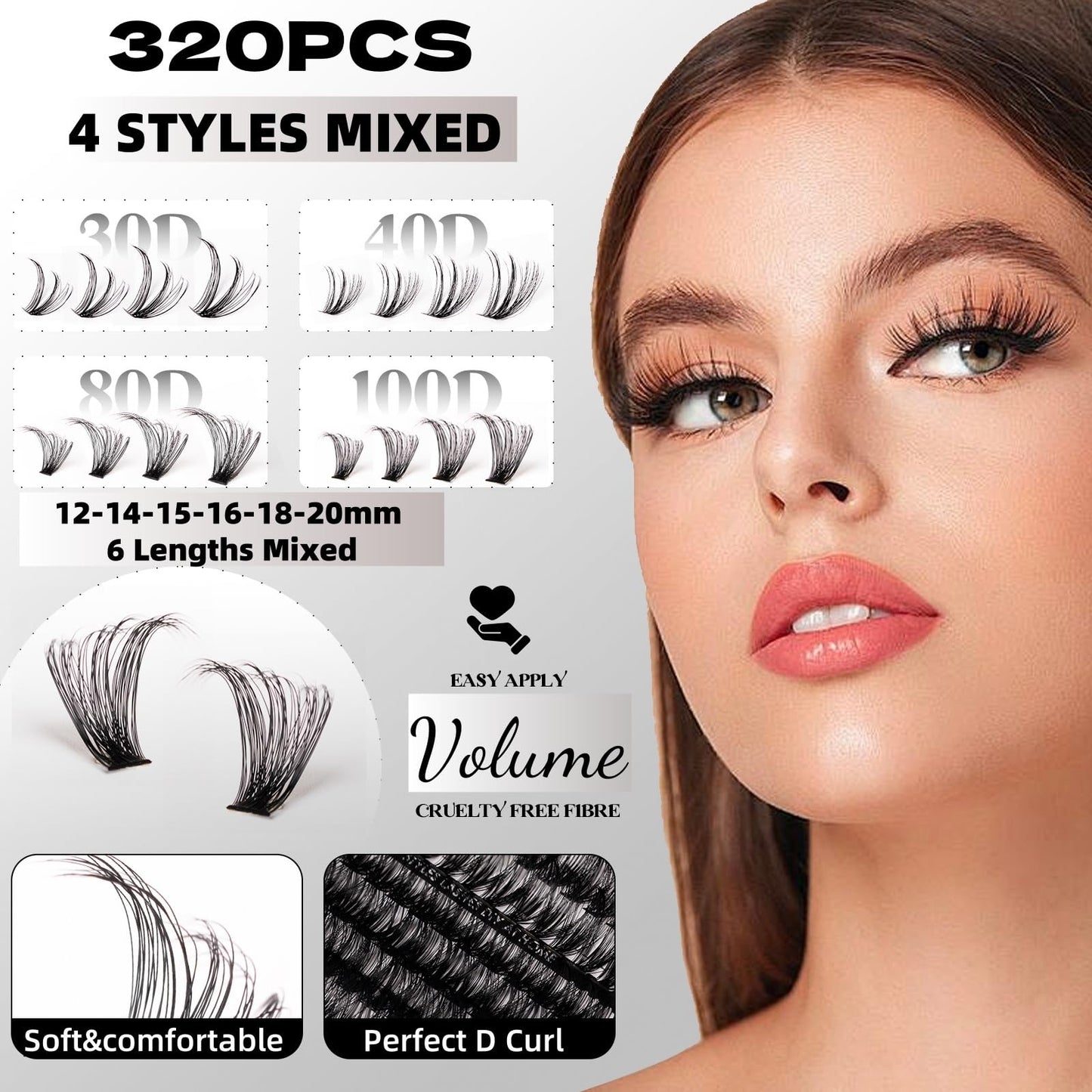 Magnetic SL Volume Individual-Eyelashes 320PCS DIY Lash Extension Kit 12-20mm MIX Fluffy False Eyelashes with Bond and Seal, Applicator, Look Like Eyelashes Extension at Home(30D+40D+80D+100D)