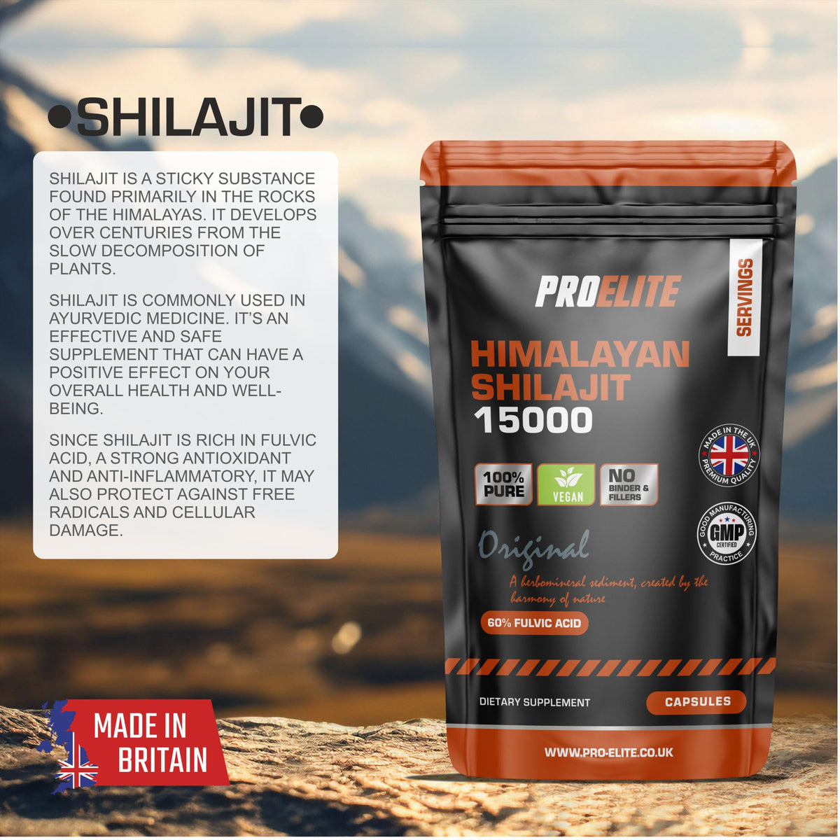 Shilajit 500mg Vegan Capsules -1500mg 30:1 Extract | 60% Fulvic Acid | High Strength Shilajit for Men & Women| Rich in Trace Minerals | No Additives & Fillers by PROELITE (60 Capsules)