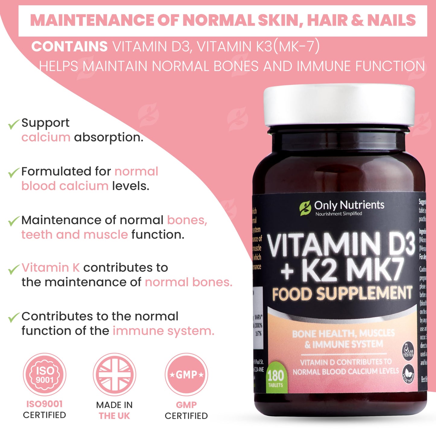 Only Nutrients | Vitamin D3 4000iu & Vitamin K2 125ug MK7 | 180 D3 K2 Enriched Vegetarian Tablets | Max Strength Supplement for Bone, Muscle & Immune System Support | UK Made Vitamin D Tablets