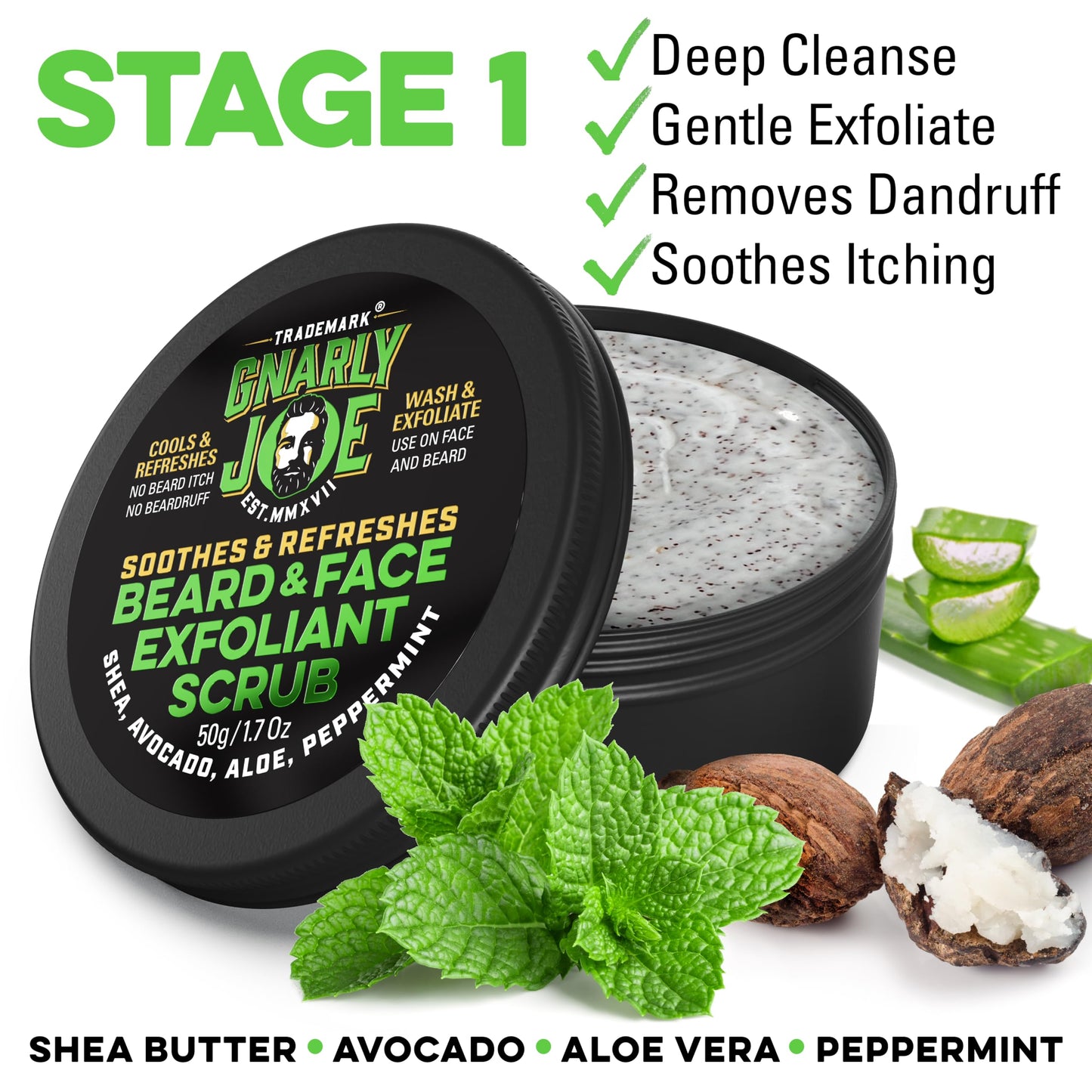 TRADEMARK GNARLY JOE EST.MMXVII Gnarly Joe Beard Rescue & Revive Gift Pack - Beard Softener 85ml & Exfoliant 50g Set for Men - Beard Cream & Face Scrub with Cocoa Butter, Peppermint & Coconut - Beard Conditioner - Made in UK