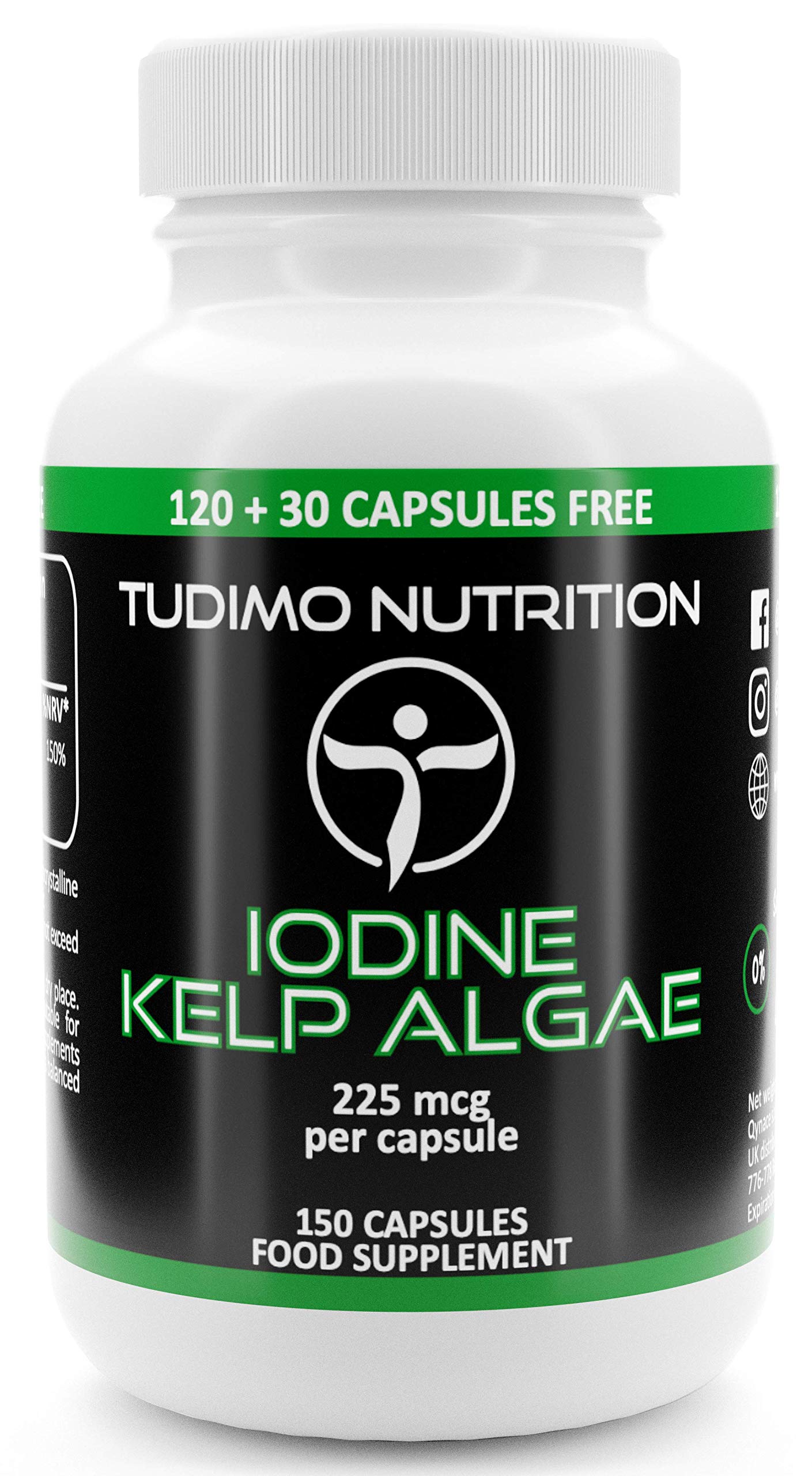 TUDIMO Iodine Sea Kelp Capsules - 225mcg of Kelp Algae Extract - 150 pcs (5 Month Supply) of Rapidly Disintegrating Capsules, Each with 225 mcg of Premium Quality & Pure Iodine SeaKelp Powder