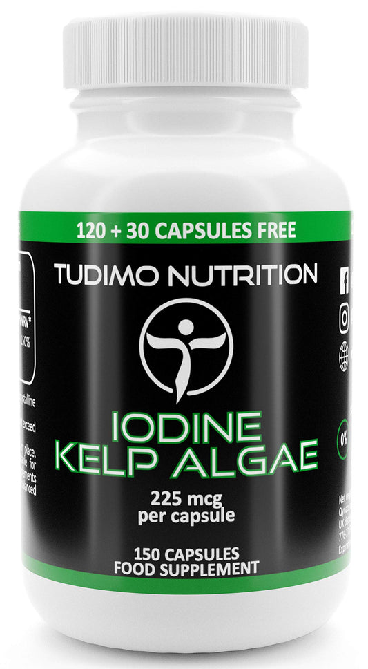 TUDIMO Iodine Sea Kelp Capsules - 225mcg of Kelp Algae Extract - 150 pcs (5 Month Supply) of Rapidly Disintegrating Capsules, Each with 225 mcg of Premium Quality & Pure Iodine SeaKelp Powder
