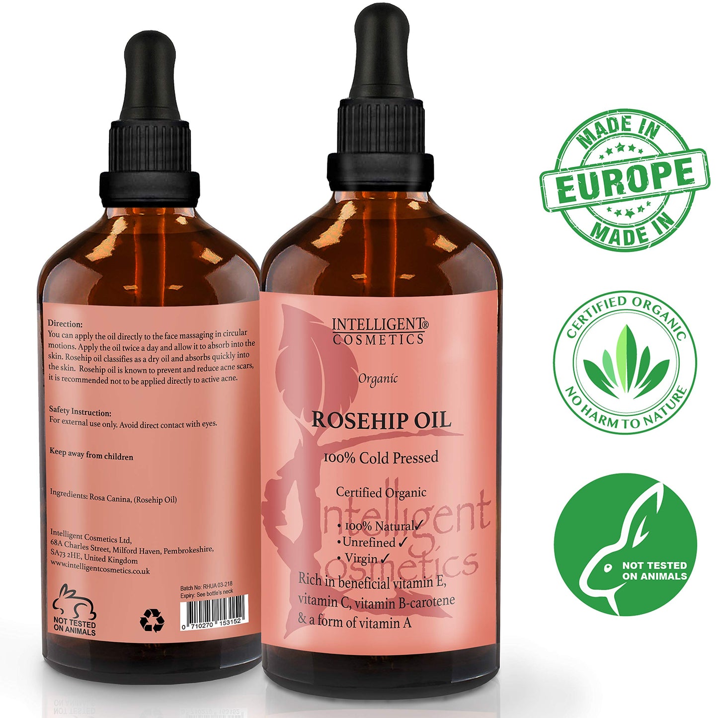 intelligent cosmetics Rosehip Oil 100% Cold Pressed Pure Certified Organic Oil 100ml Best Known Facial Oil with Vitamin E, Vitamin C, B-carotene and a Form of Vitamin A