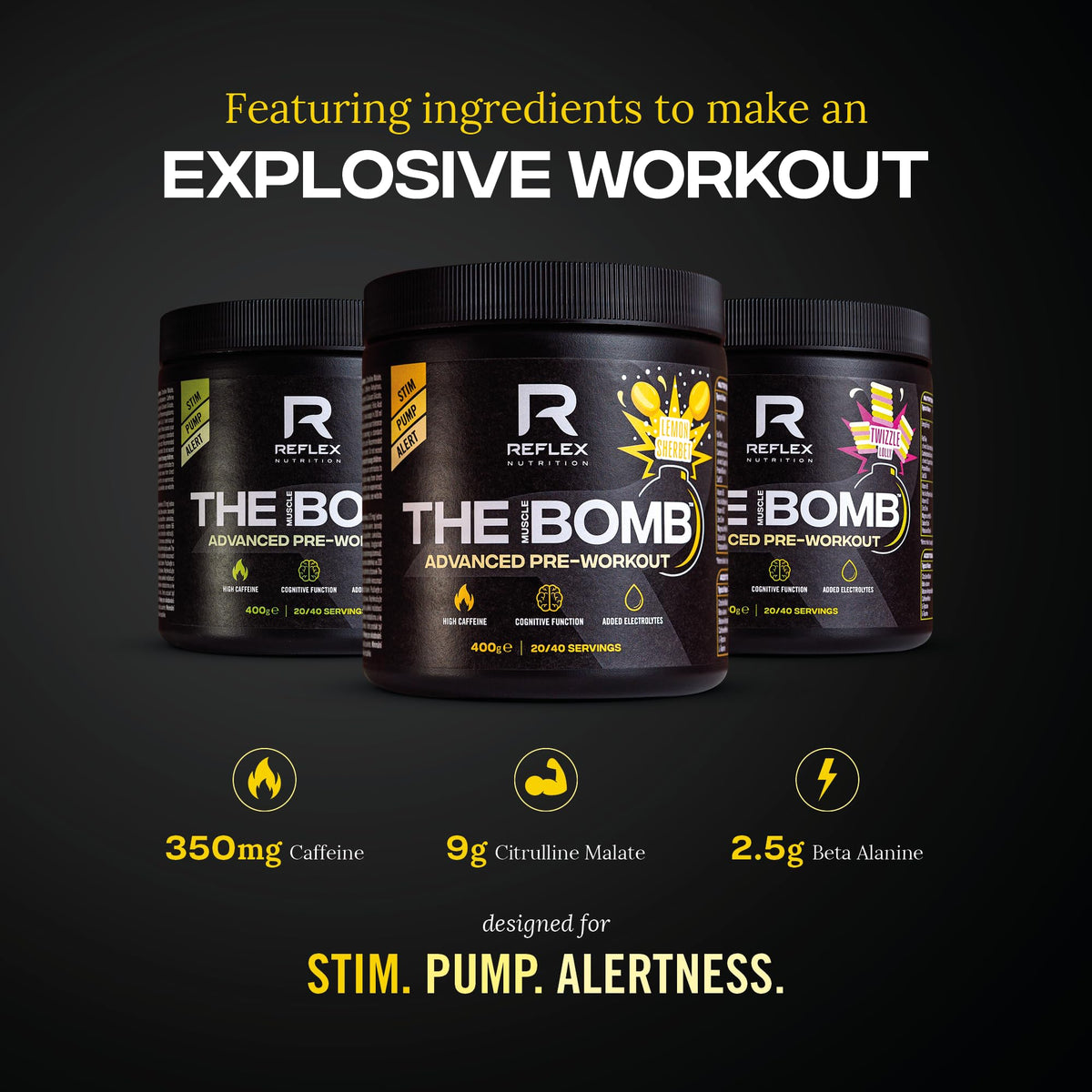 Reflex Nutrition Pre Workout The Muscle Bomb 350mg Caffeine 9g Citrulline Malate 2.5g Beta Alanine Added Hydration Electrolytes (Sherbet Lemon, 400g)