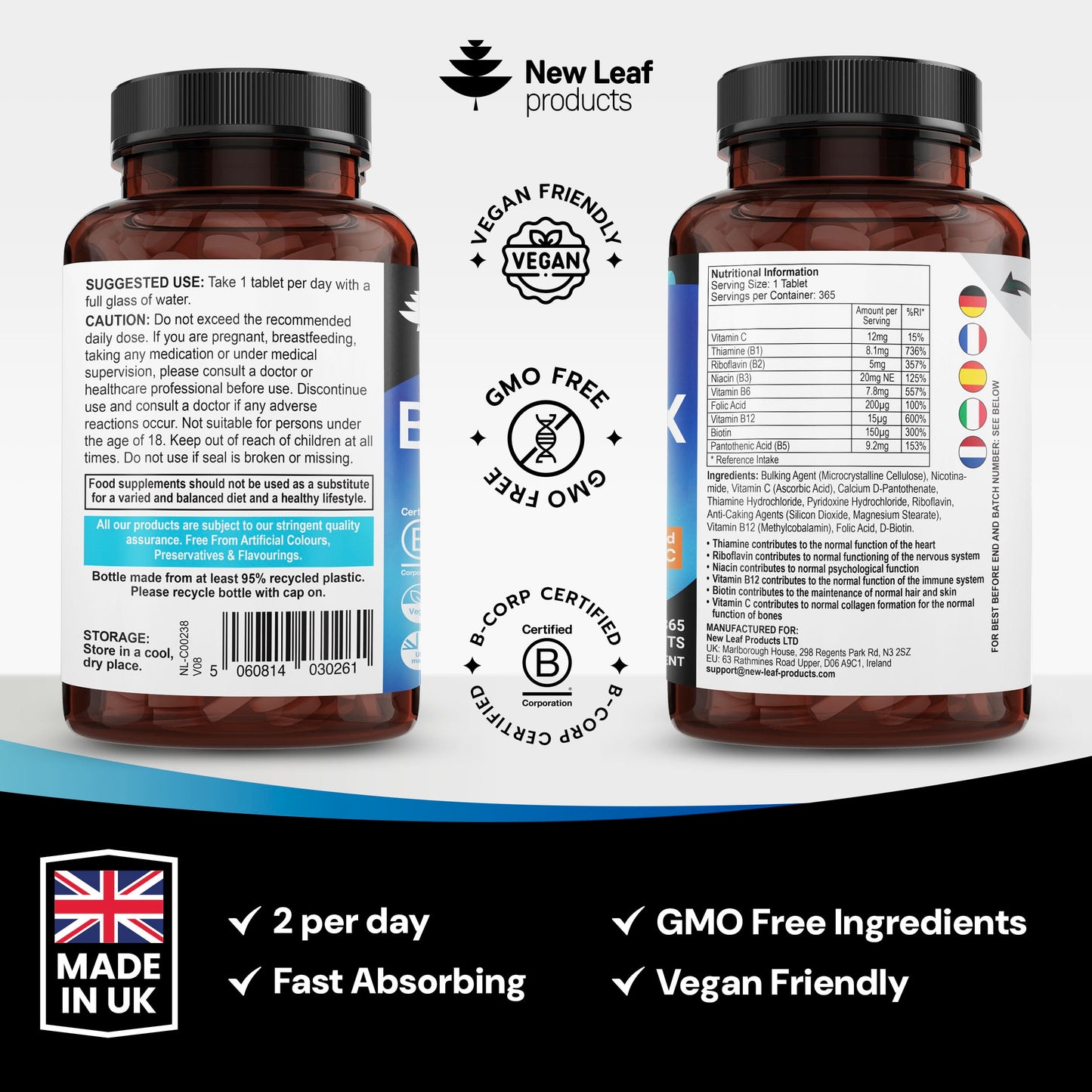 NEW LEAF PRODUCTS Vitamin B Complex - 365 Small Tablets - All 8 B Vitamins B1-B2-B3-B5-B6-B12, (1 Year Supply) High Strength Biotin, Folic Acid and Vitamin C - Reduction of Tiredness, Energy & Immune Support - UK Made