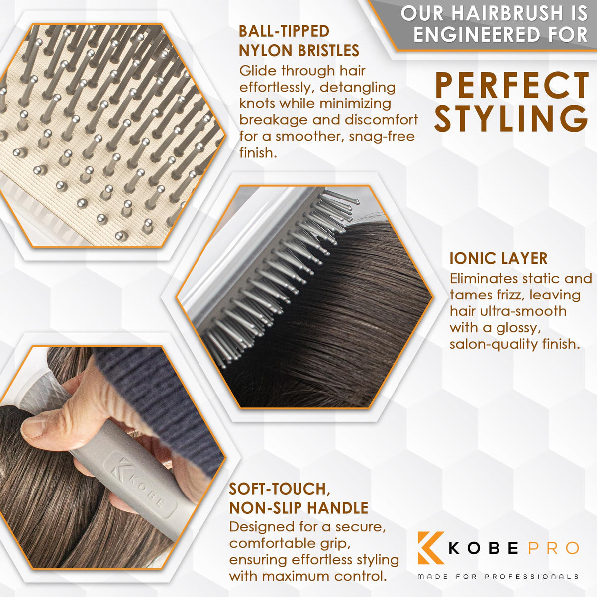 Kobe K-Pro Detangling Paddle Brush - Scalp Massager for Wet/Dry Hair - CushionFlex Technology - Pain-Free Knot Removal - Type 1-4 Hair & Extensions - Ideal for daily use