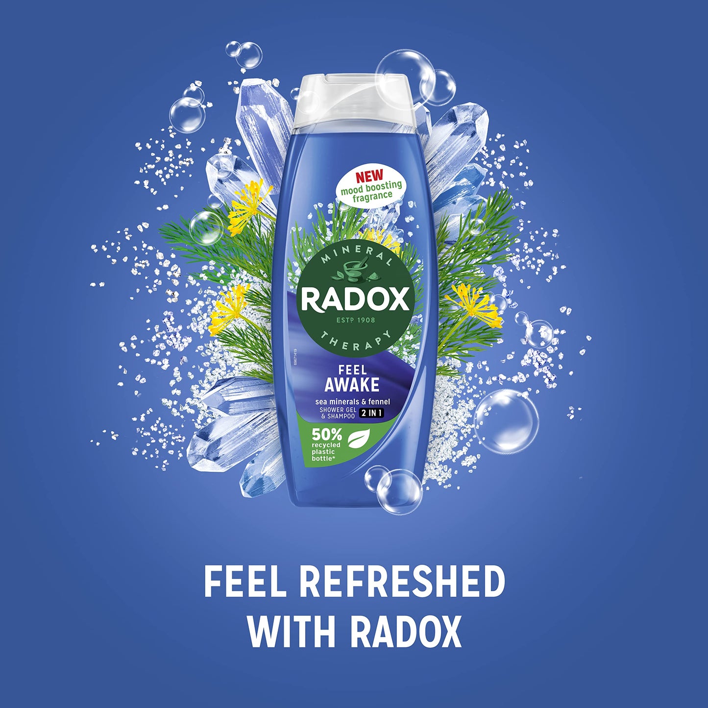 Radox Mineral Therapy Feel Awake 2-in-1 body wash & shampoo shower gel with a sea mineral & fennel fragrance for a refreshing shower experience 450 ml