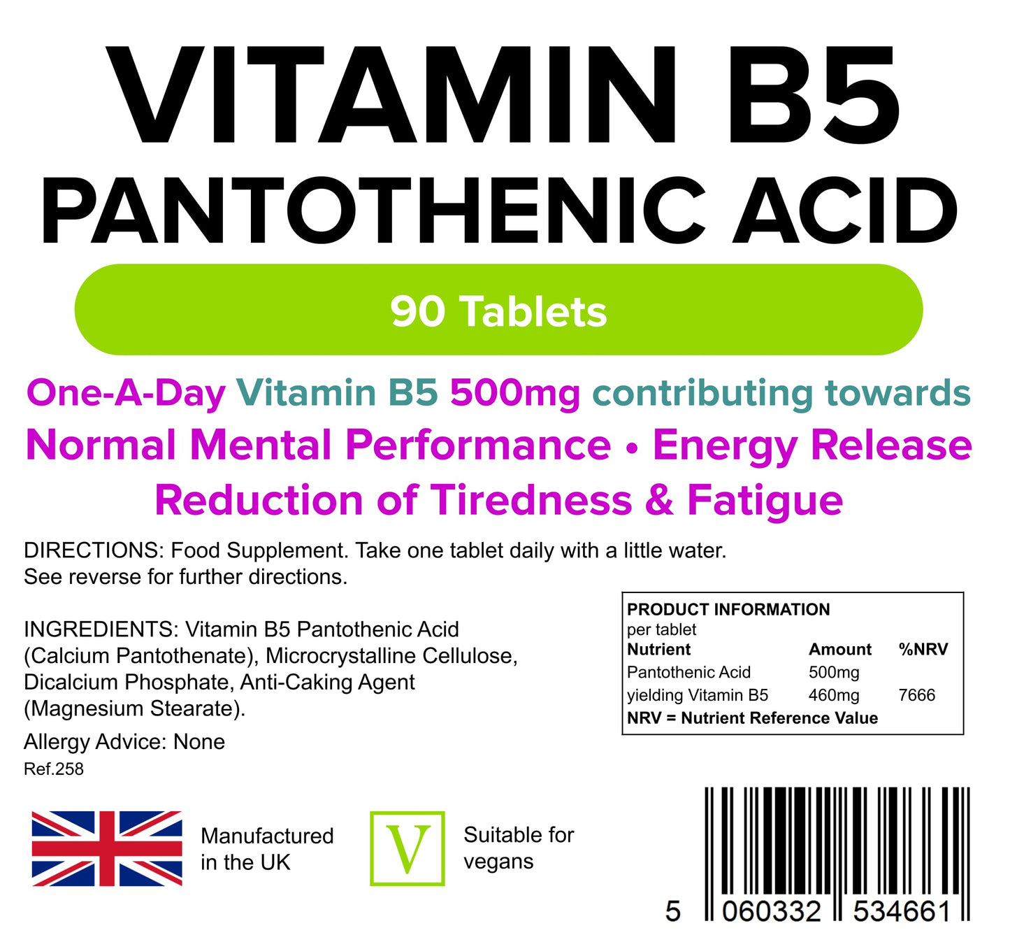 Lindens - Vitamin B5 Pantothenic Acid 500mg, 90 Tablets - UK Made | 1-A-Day | Contributes to Mental Performance, Metabolism & Reduction of Tiredness | 7666% NRV Dose - Letterbox Friendly, Vegan