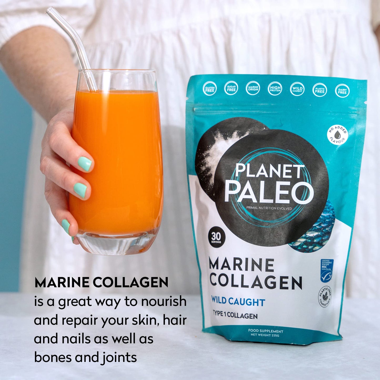Planet Paleo Marine Collagen Powder - Nourishes Hair, Skin & Nails, Bone & Joint Support, Easy to Mix (Strawberry, 231g)