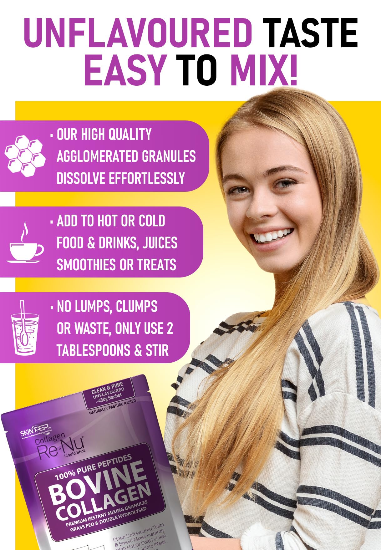 Skin Pep Collagen Powder 450g, Ultra Premium Hydrolysed Bovine Collagen Peptides by SkinPep - Halal & Kosher - High Levels of The 8 Essential Amino Acids, Collagen Supplements, Made in UK