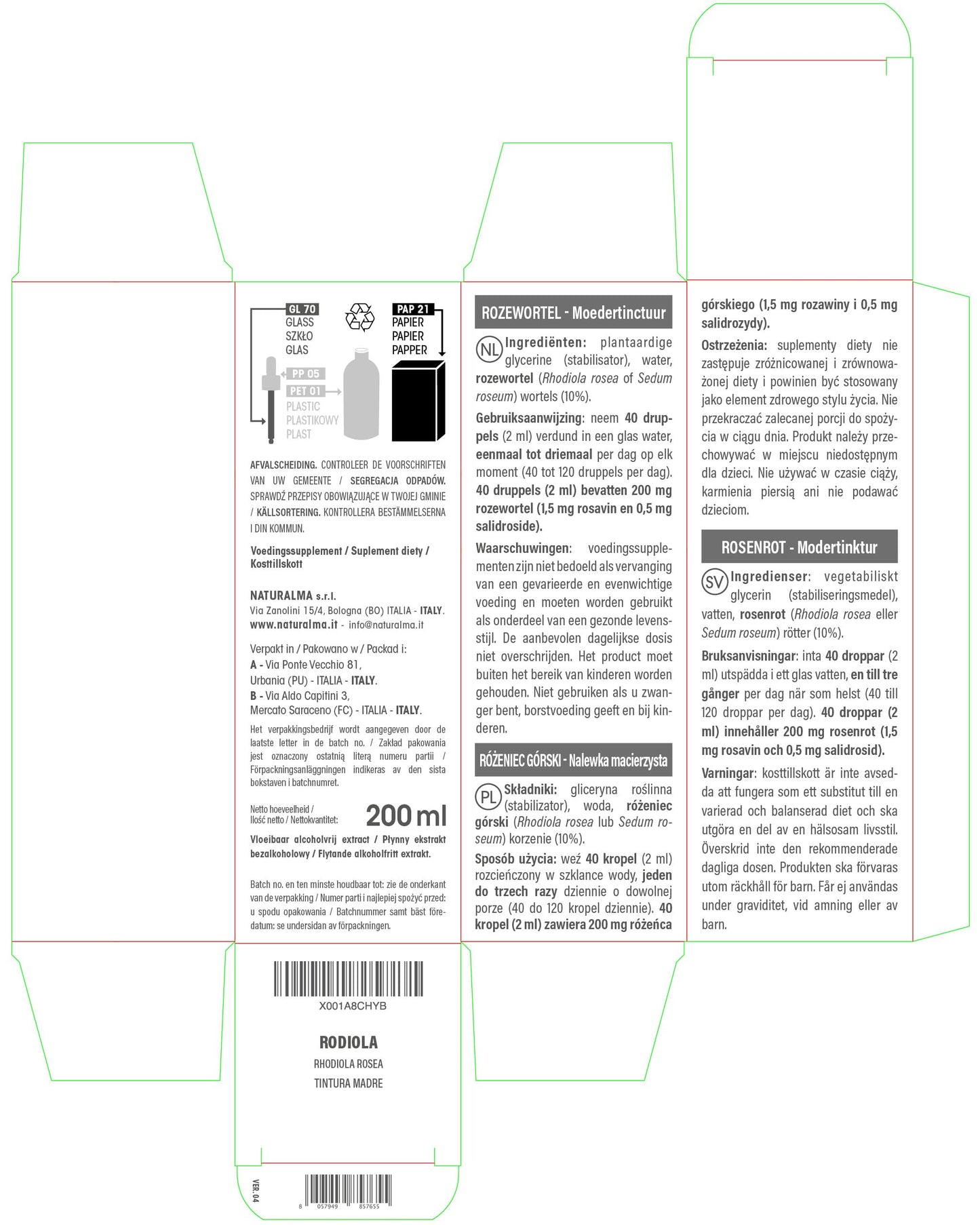 Rhodiola (Rhodiola rosea o Sedum roseum) Roots Alcohol-Free Mother Tincture Naturalma | Liquid Extract Drops 200 ml | Food Supplement | Vegan