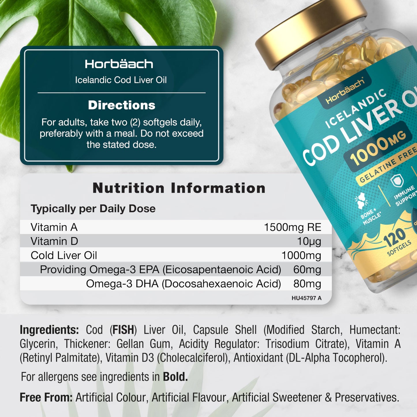 Cod Liver Oil Capsules High Strength 1000mg | 120 Count | Gelatine Free | with Vitamin A, D and Omega 3 DHA/EPA | Suitable for Pescatarians | by Horbaach