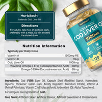 Cod Liver Oil Capsules High Strength 1000mg | 120 Count | Gelatine Free | with Vitamin A, D and Omega 3 DHA/EPA | Suitable for Pescatarians | by Horbaach