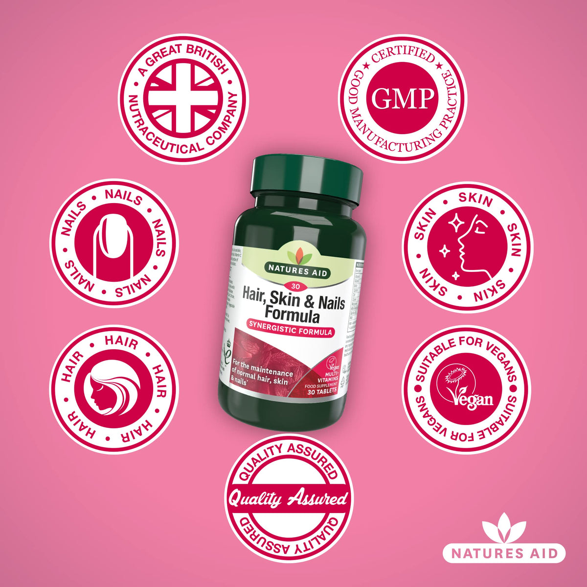 Natures Aid Hair, Skin & Nails Formula – High Potency Support for Growth, Strength & Radiance – Vegan, Gluten-Free, Non-GMO Supplement – Natural Health Supplement – 30 Tablets