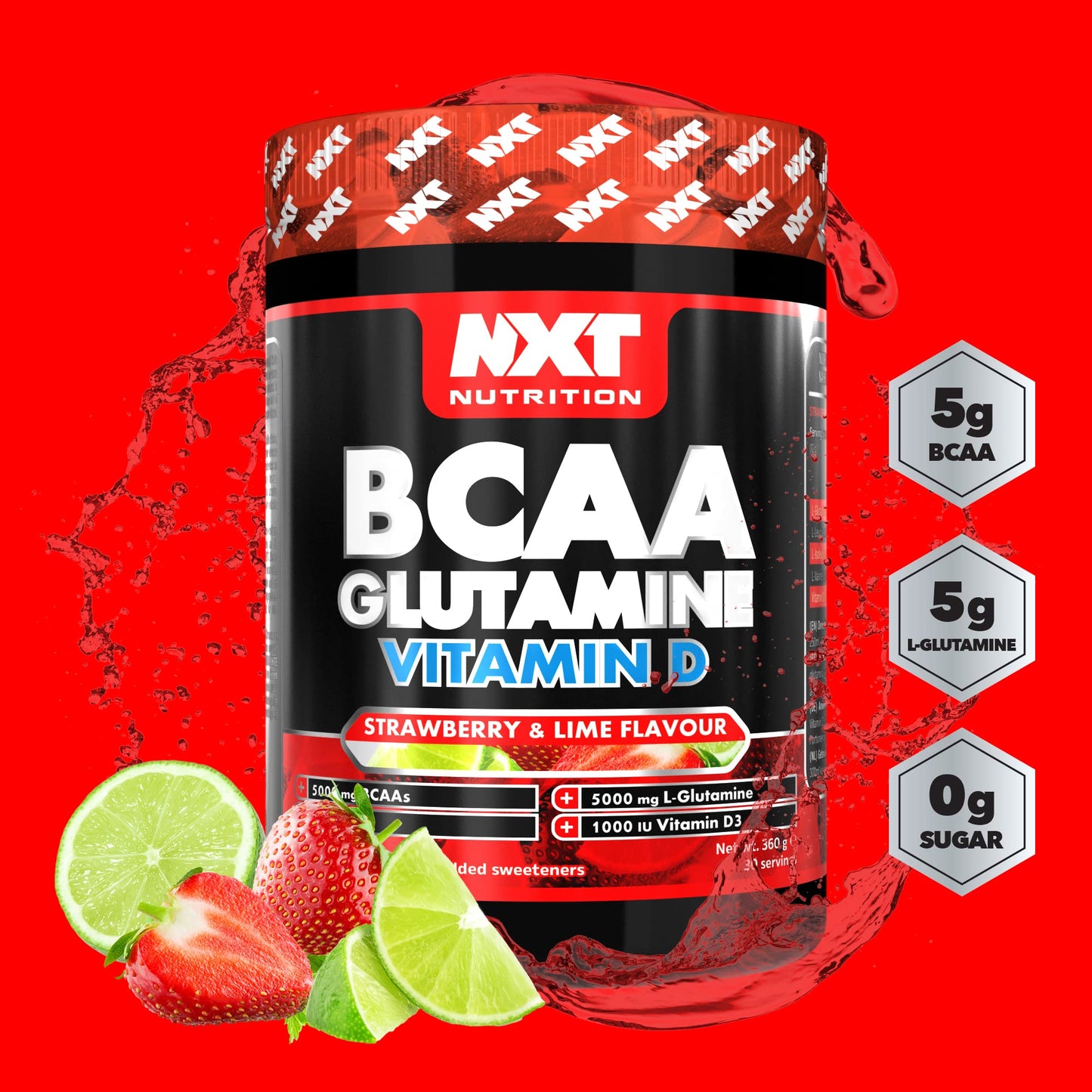 NXT Nutrition BCAA, Glutamine & Vitamin D | BCAAs Amino Acids with Vitamin D3 and L-Glutamine - for Recovery, Gut Health and Muscle Protein Synthesis | 360g - 30 Servings (Strawberry Lime)