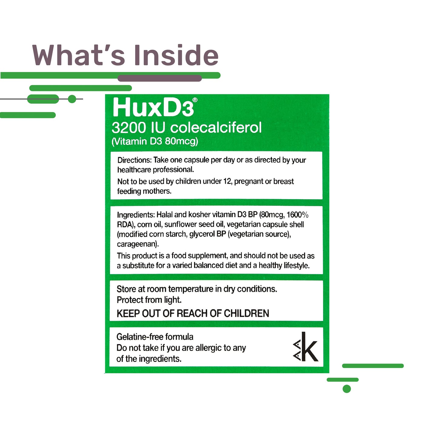 Hux D3 Vitamin 3200iu, Huxley Europe, Vegetarian Capsules, Suitable for Kosher and Halal Diets 30 Count (Pack of 1)