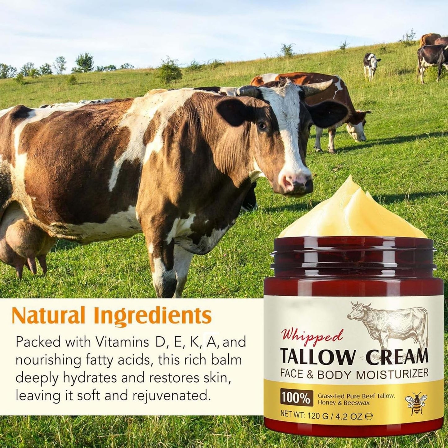 SEMECOMER Whipped Beef Tallow Skin Care Cream, Beef Tallow Moisturiser, Nourishing Tallows And Honey Balm for Face & Body, Deeply Hydrating, Natural Moisturizer for Dry Skin, Fast-Absorbing, No Greasy