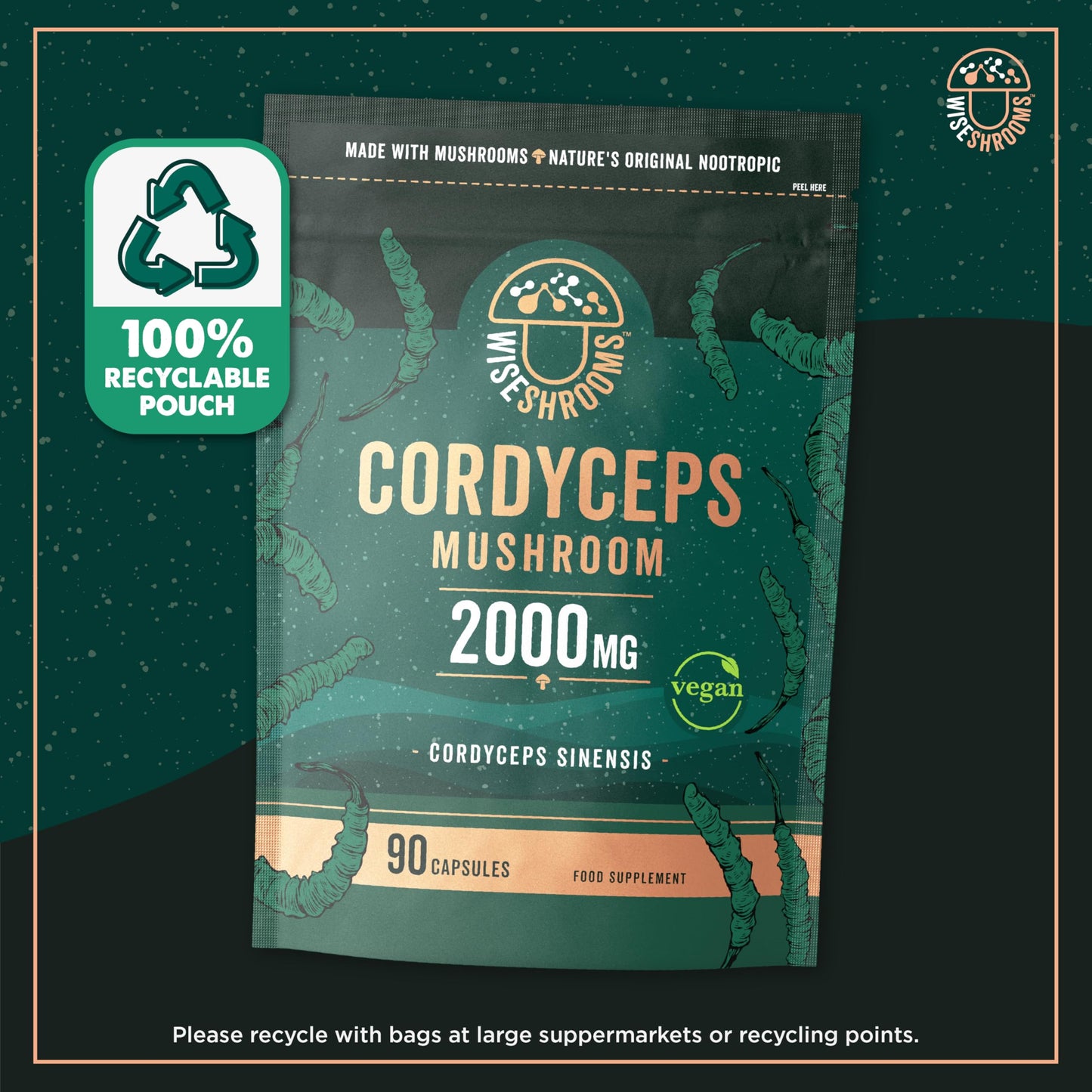 Cordyceps Capsules 2000mg | Cordyceps Mushroom Extract Supplement | 90 Capsules | Suitable for Vegetarians and Vegans | by Wiseshrooms