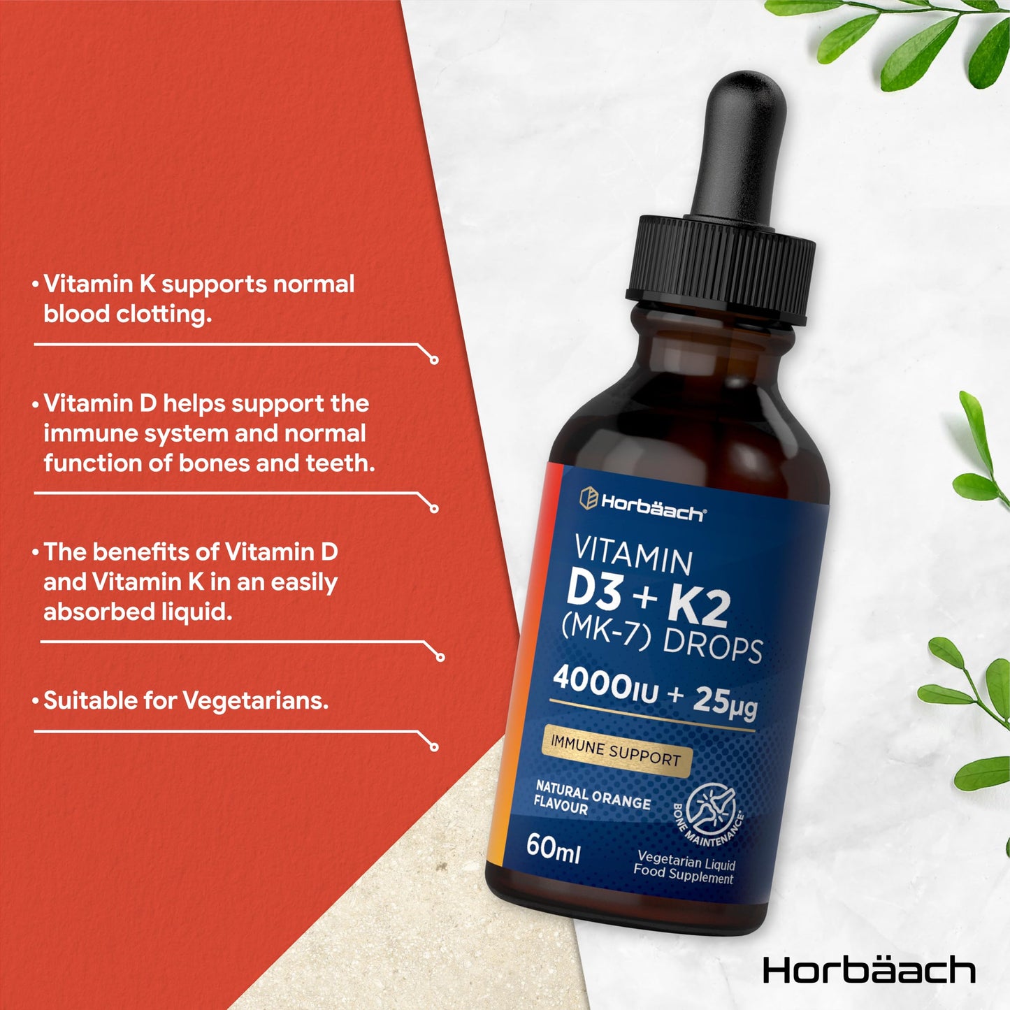 Horbäach Vitamin D3 K2 Drops High Strength | 4000 IU of Vitamin D3 and 25ug of Vitamin K2 MK7 | Orange Flavoured | Suitable for Vegetarians | by Horbaach