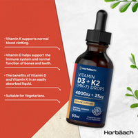 Horbäach Vitamin D3 K2 Drops High Strength | 4000 IU of Vitamin D3 and 25ug of Vitamin K2 MK7 | Orange Flavoured | Suitable for Vegetarians | by Horbaach