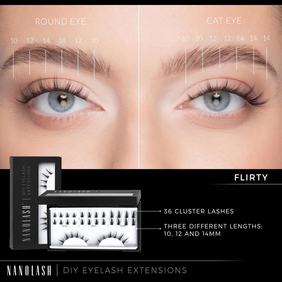 Nanolash DIY Eyelash Extensions 36 pcs - cluster lashes DIY, cluster false eyelashes for lash extensions at home, individual cluster lashes (Black, FLIRTY)