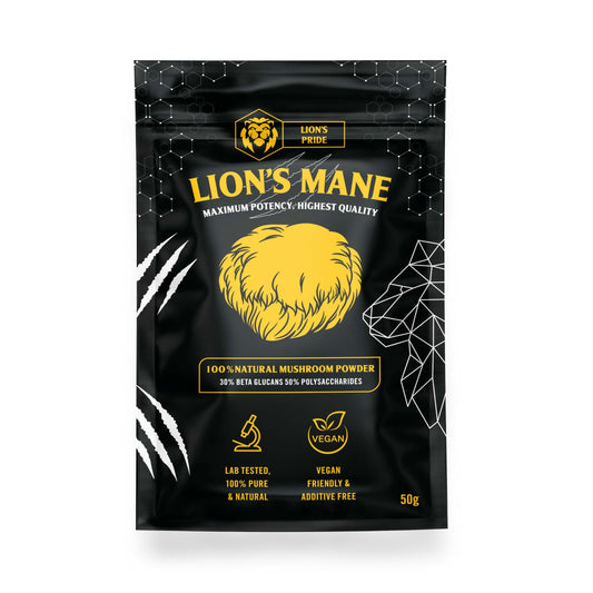 Lions Mane Supplement Powder - Lions Pride Lions Mane Supplement High Strength - 100% Pure Lion's Mane Supplement with 50% Polysaccharides / 30% Beta Glucan - UK Lion's Mane Mushroom (50, Grams)