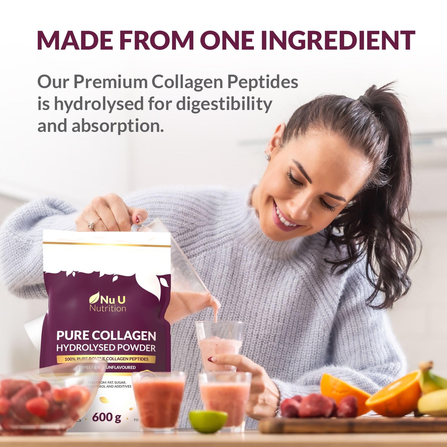 Collagen Powder 600g Large Pouch - 100 Servings - Premium Type I & II Bovine Collagen Peptides Hydrolysate Supplement Gold Edition - 3+ Month Supply - Unflavoured - Nu U Nutrition