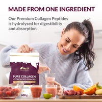 Collagen Powder 600g Large Pouch - 100 Servings - Premium Type I & II Bovine Collagen Peptides Hydrolysate Supplement Gold Edition - 3+ Month Supply - Unflavoured - Nu U Nutrition