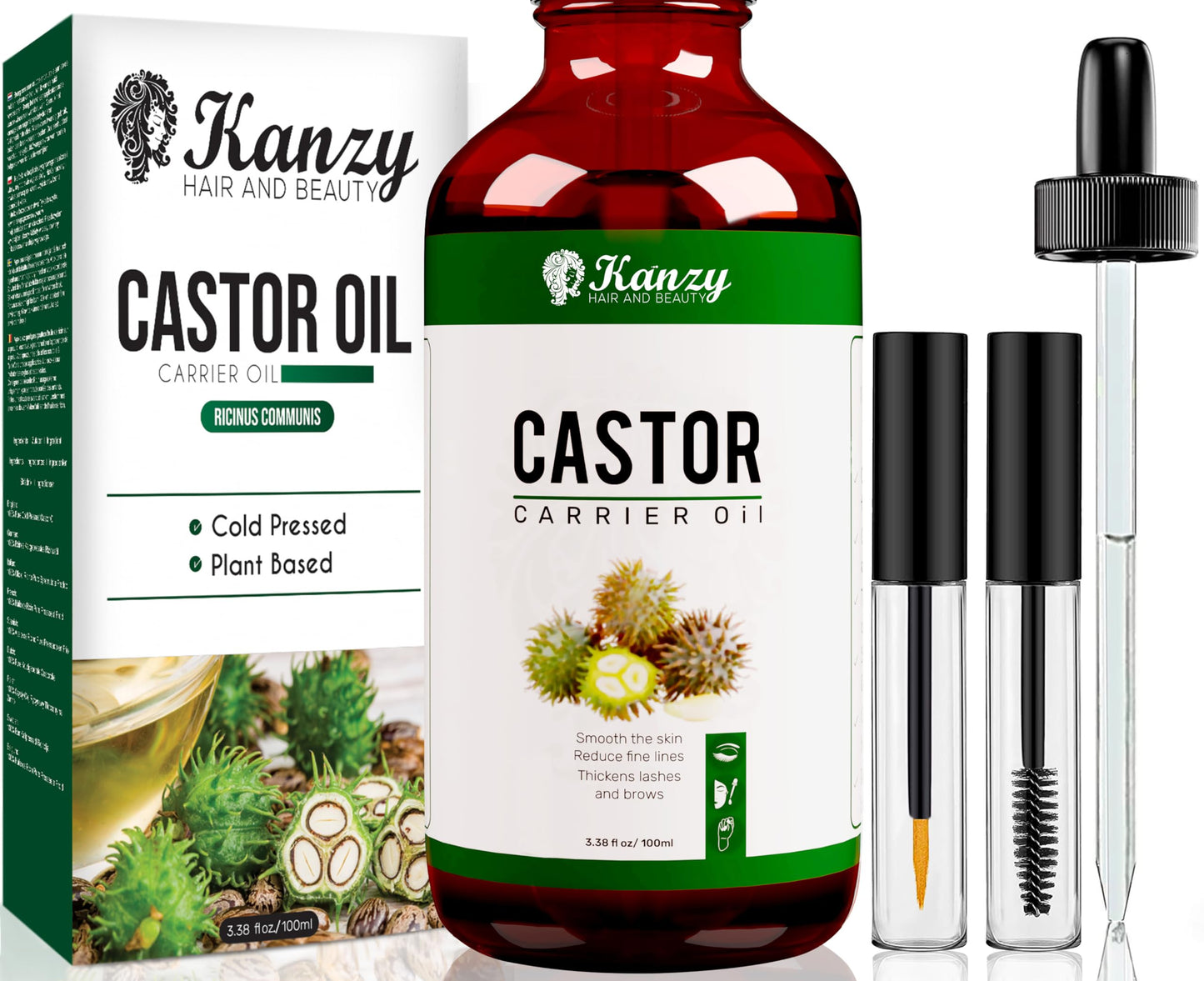 KANZY HAIR AND BEAUTY Kanzy Castor Oil for Eyelashes and Eyebrows 100ml Cold Pressed Castor Oil for Hair Growth 100% Natural and Pure Oil with Brushes For Hair, Beard, Nails and Skin