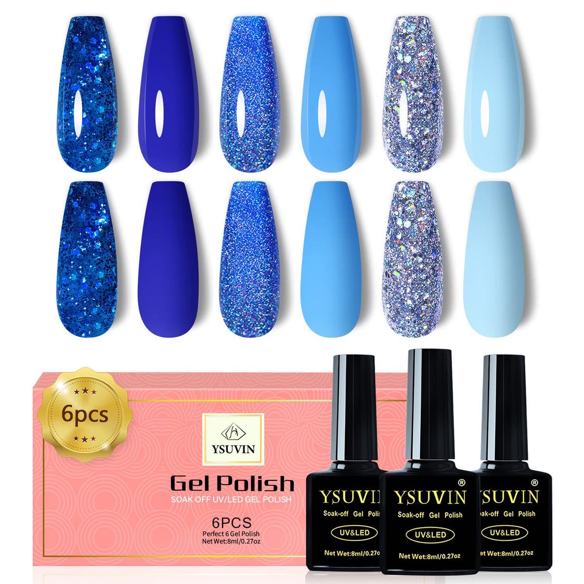 Yueshop 6 Colors Blue Gel Nail Polish Set - Dark Blue Glitter Ocean Silver Sparkle Diamond Gel Nail Polish, Soak Off Gel Nail Varnish Manicure Kit For Beauty Gift (6x8ml)