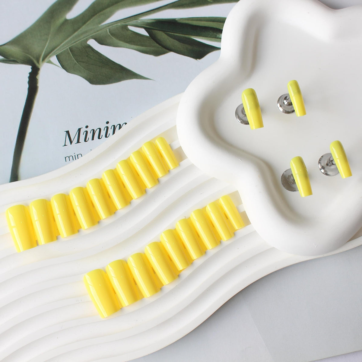 SXVME Bright Yellow Press on Nails Long Square, Light Yellow False Nails Medium Coffin, Glossy Gel Fake Nails Press on, Sheer Gel Stick on Nail for Women, 24 Pcs