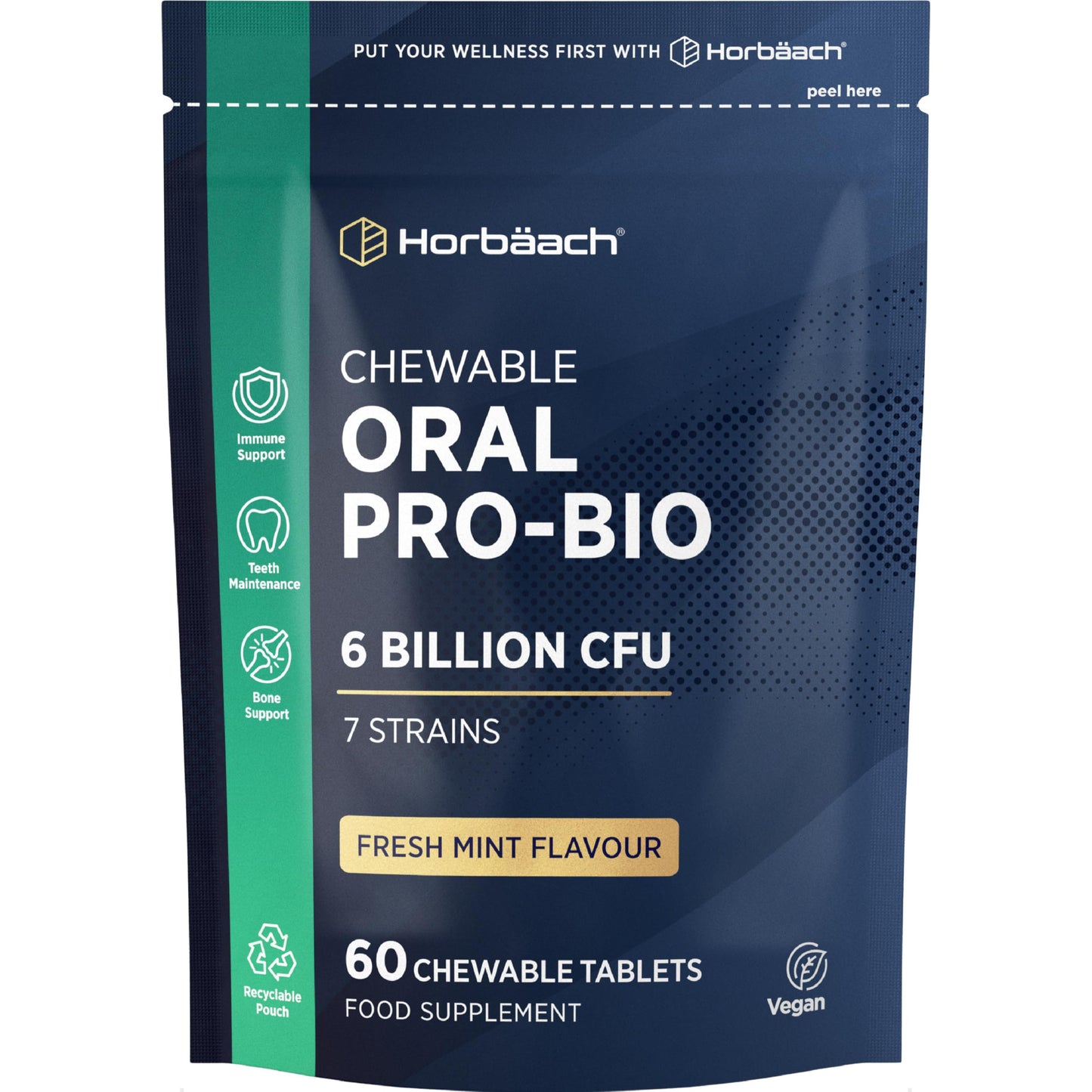 Horbäach Oral ProBio for Mouth 6 Billion CFU | Advanced Dental Biotics for Adults | 7 Strains Including Lactobacillus Reuteri | 60 Vegan Chewable Tablets | Mint Flavour | by Horbaach