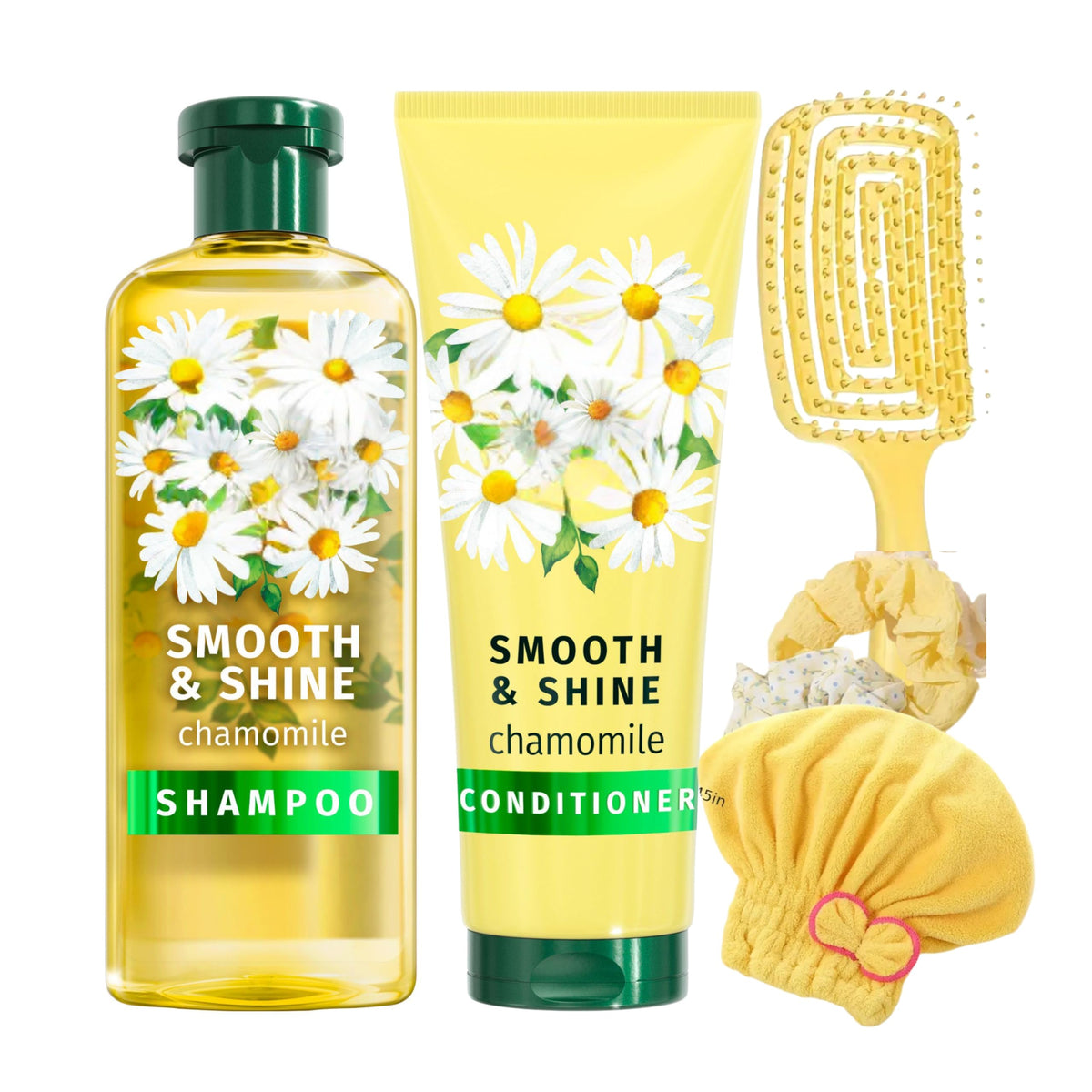 Infinite Emblems Chamomile Smooth & Shine Hair Care Set with Hairbrush, Shower Cap & Scrunchies, Shampoo and Conditioner Nourishing Formula for Silky, Shiny Hair For Women.