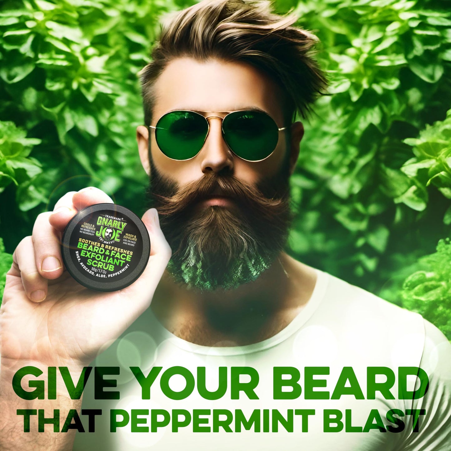TRADEMARK GNARLY JOE EST.MMXVII Gnarly Joe Face & Beard Exfoliator Scrub for Men - 50g Natural Peppermint Face Wash - Dual Action Beard Exfoliator & Mens Facial Scrub for Dry, Itchy Skin & Beard Dandruff - Made in UK