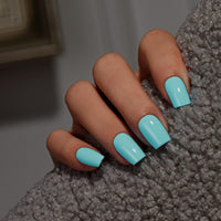 KQueenest Teal Blue Press on Nails Short Medium Square, Short False Nails, Glossy Turquoise Blue Fake Nails Press ons, Natural Fit, Coffin Reusable Gel Stick on Nail for Women 28 Pcs
