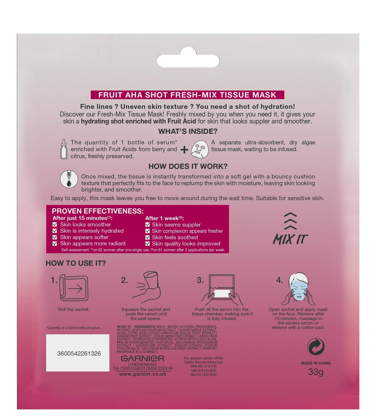 Garnier Tissue Mask, Hydrating, Brightening, Smoothing Fresh-Mix Face Sheet Mask with Fruit AHA Shot