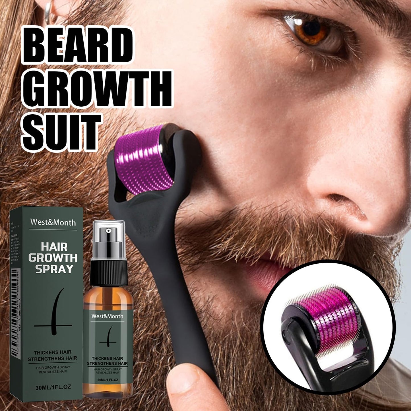 HAORQEE Beard Growth Oil Kit with Beard Roller, Beard Grooming Growth Serum Beard Care for Men, Thickening Stimulate Beard and Hair Growth, Gifts for Men Father (30ml)