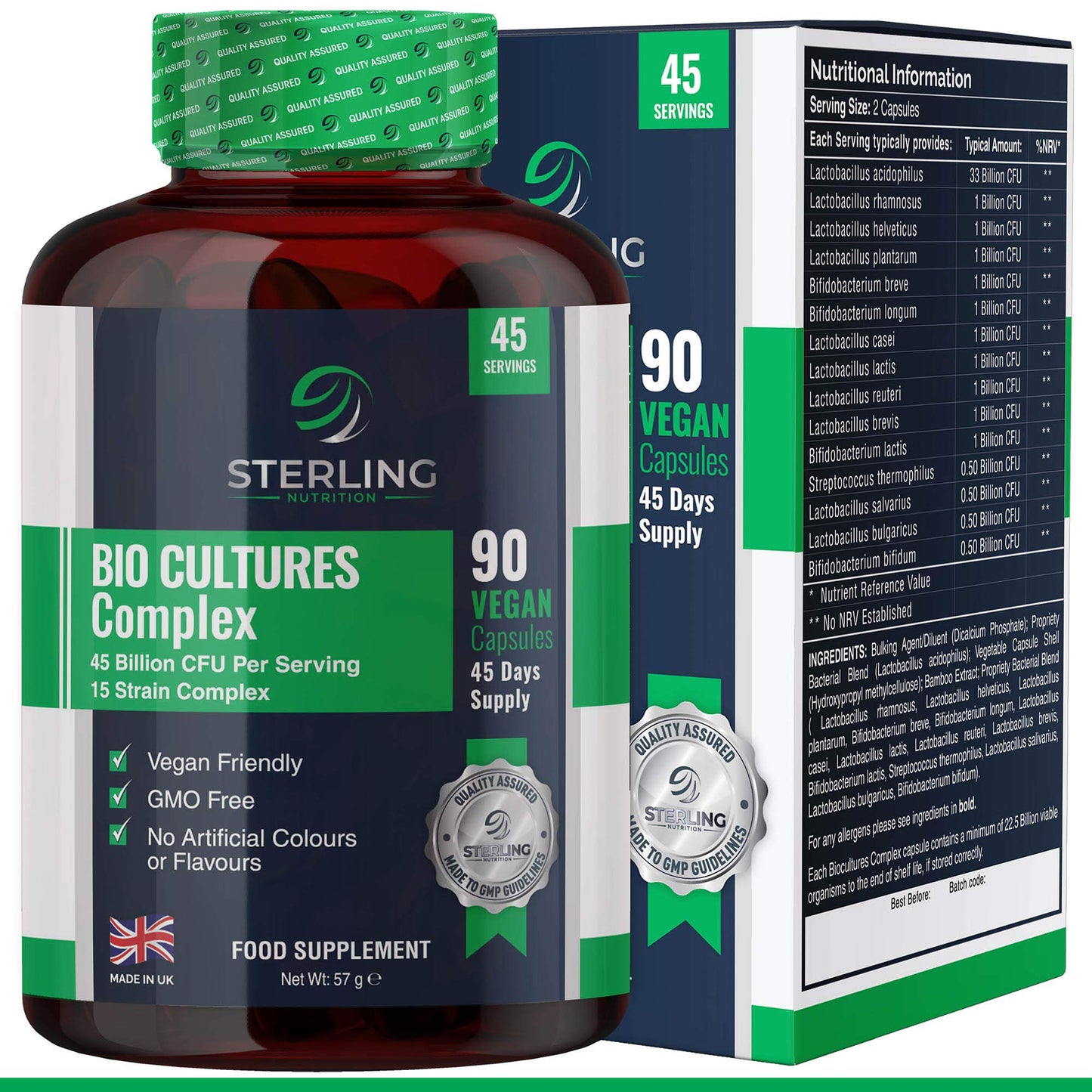 STERLING NUTRITION Bio Cultures Probiotic Complex with 45 Billion CFU with 15 Live Bacteria Strains - Digestive Enzyme Supplements - 90 Super Strength Vegan Capsules - Made in UK - by Sterling Nutrition