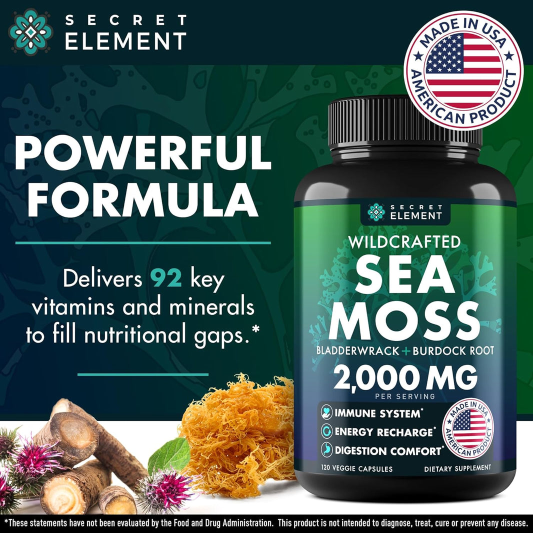 Secret Element Sea Moss Capsules - Irish Sea Moss Advanced with Burdock Root, Bladderwrack & Muira Puama for Immunity, Gut, & Energy - Superfood Sea Moss Supplements w/Raw Sea Moss Powder - 120 Irish Seamoss Pills