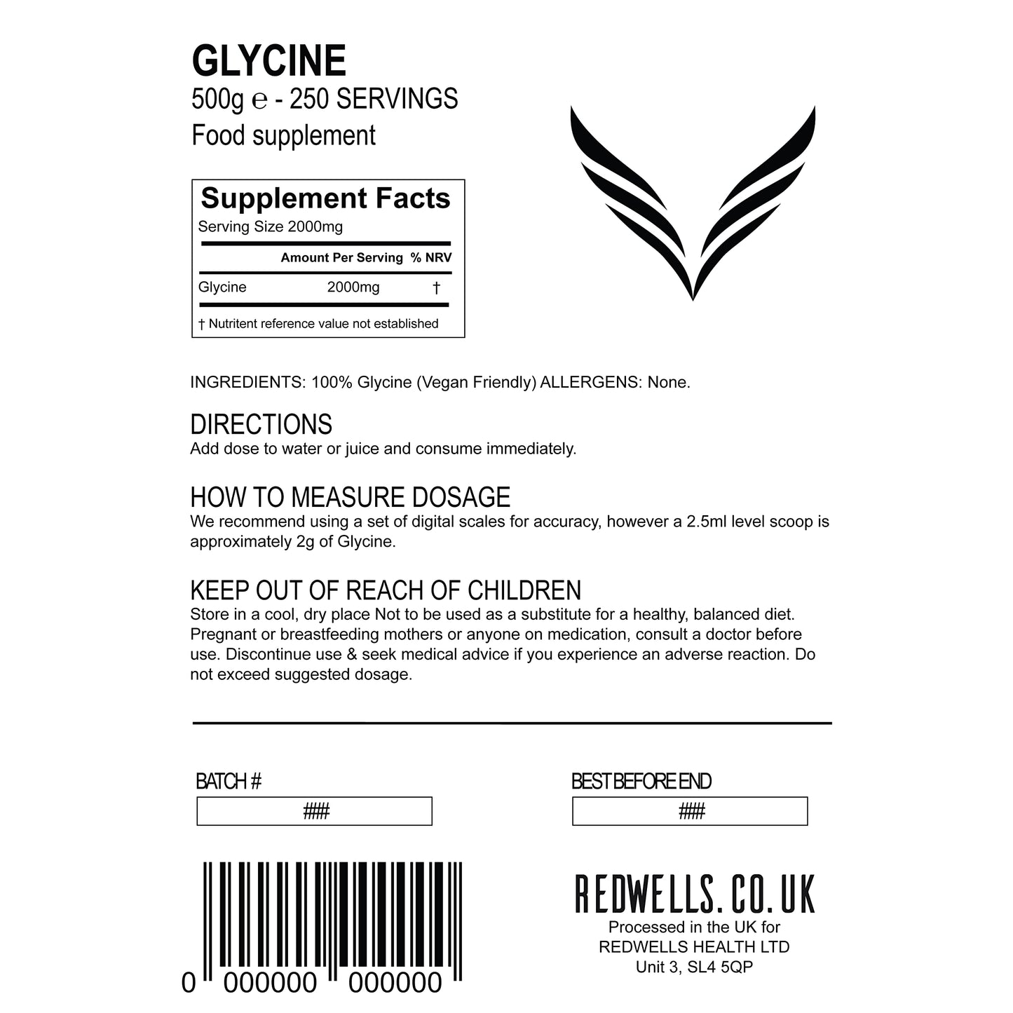 Glycine Powder REDWELLS NO Additives Amino Acid GMO Free Vegan - 500g Pack