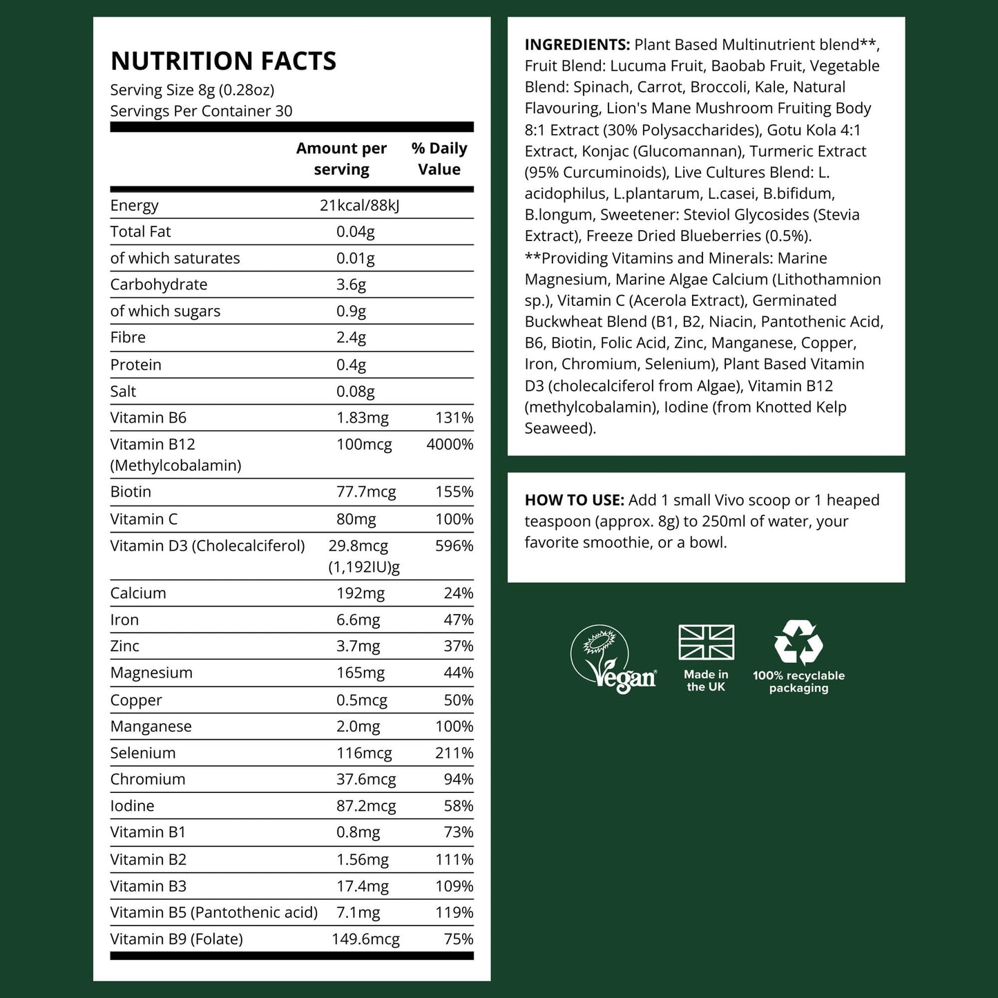 Vivo life - Supergreens, Vegan Superfood with Vitamins, Minerals, Live Cultures, Fruits & Greens, 30 Servings - 240g (Blueberry & Lucuma)